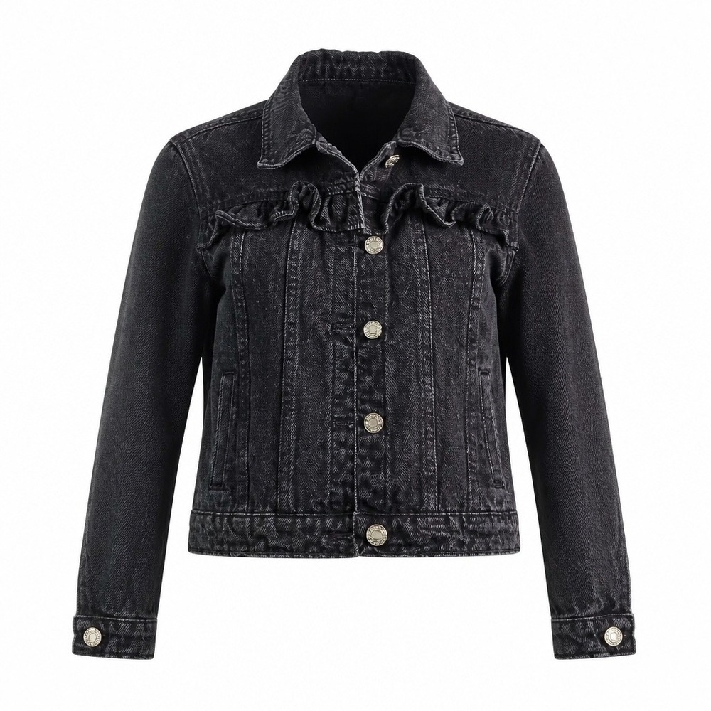 Girls Black Denim Ruffle Jacket Button Up Trucker Coat H2F165 Size S 7